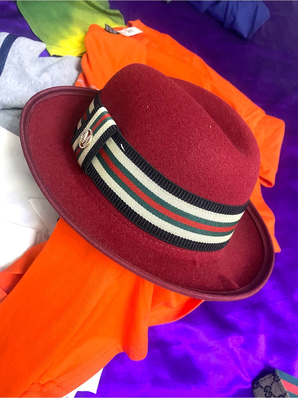 Men's Burgundy Wool Felt Fedora with Striped Ribbon Band